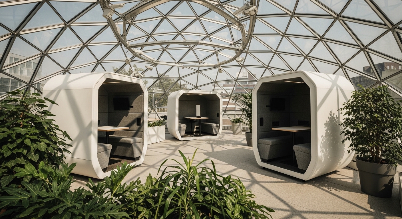 Футуристичний офіс у геодезичному куполі з акустичними кабінами